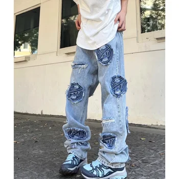 Nové roztrhané džínsy pánske retro Americký štýl umyté národnej príliv patch street style nohavice list tlač džínsové nohavice hotsale
