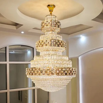 Nový Dizajn Moderný Luxusný Luster Obývacia Izba Svetlo Jednoduché Led Veľké Zlaté Visí Crystal Dlho Luster Osvetlenie