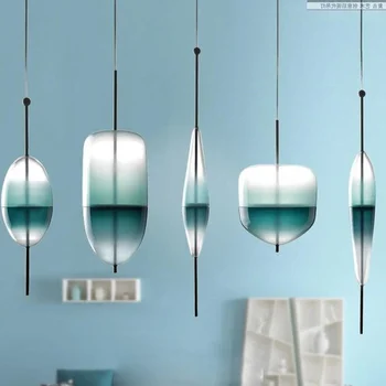 Nordic moderné slza-tvarované modré sklenené prívesok svetlo LED v štýle art deco jednoduché biele závesné lampy, obývacia izba reštaurácia kuchyňa