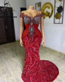 Červená Luxusné Úplnej O Krk Aso Ebi Večerné Šaty Iskrivý Korálkové Kryštál Diamantu Formálne Morská Víla Šaty Prom Šaty Vestido De Festa