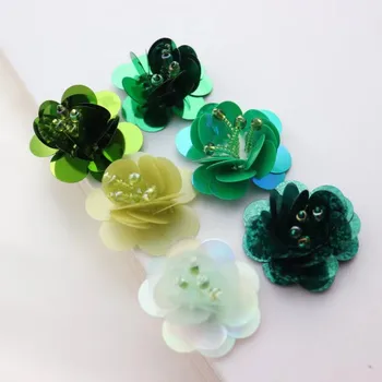 10PCS Nové Ručné Korálkové 3D Zelená Flitrami Kvet Patch 4CM Oblečenie DIY Kvetinové Dekorácie Patch Príslušenstvo