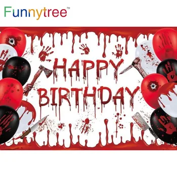 Funnytree Happy Birthday Halloween Party Pozadie Červené Čierne Balóny Handprint Krvné Škvrny Trik Hrozné, Photobooth Pozadí