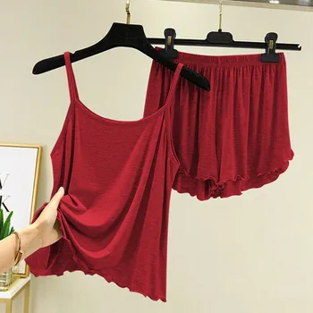 Modálne Sexy Pyžamo Nastaviť Ženy Backless Black Pyžamo Šortky Voľné Špagety Popruh Odev Bielizeň Intímne Sleepwear Oblek