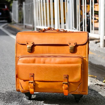 Originálne kožené batožiny rastlinných usní ručne batožiny univerzálne kolieska 20-palcový stravovanie box retro cestovné puzdro