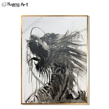Original Art Zvierat Ručne maľované Moderné Revúci Dragon olejomaľba na Plátno na Stenu Decor Black White Dragon Atrament Maľovanie