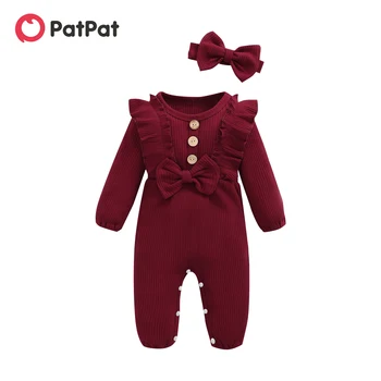 PatPat 2ks Baby Girl 95% Bavlna Rebrovaný Long-sleeve Prehrabať Bowknot Tlačidlo Jumpsuit s hlavový most Set