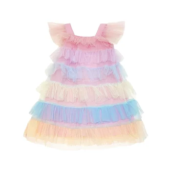 Dievčenské šaty letné nový detí farebné tortu perlinkové tkaniny sukne dievčatá západný štýl sundress šaty deti zdobiť