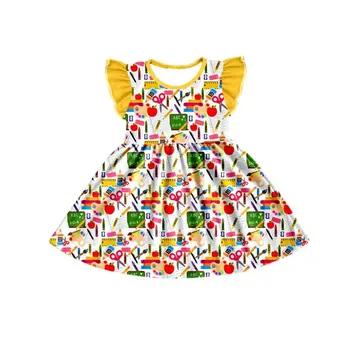 Späť na Škole Zber Baby Chlapci, Dievčatá Oblečenie Letné Boutique Krátky Rukáv Koleno Dĺžke Žlté Šaty Papiernictvo Tlač