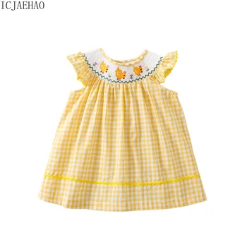 2023 Baby Dievčatá V Lete Jednodielne Šaty, Žlté Oblečenie Deti Ručné Výšivky Smocked A-Line Šaty Deti Bežné Vestidos