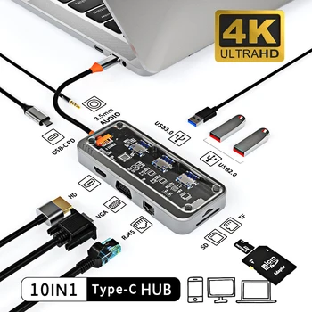 Nku USB C 10in1 Dock Station 3.5 mm Audio USB 3.0 2.0 Splitter Čítačku Kariet, VGA, HDMI Kompatibilné 100M RJ45 ROZBOČOVAČA pre Macbook Notebook