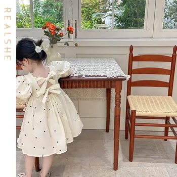Letné Baby Girl Dress 2023 Nové Pevné Krátky Rukáv Backless Luk Tlač Šaty Strany Princesss Šaty Deti Oblečenie
