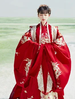 Červená Hanfu pre Ženy Vyhovovali Dlhý Rukáv Čínske Tradičné Výšivky Kostým s Cloud Ramenný Dávnych Oblečenie, Svadobné Šaty